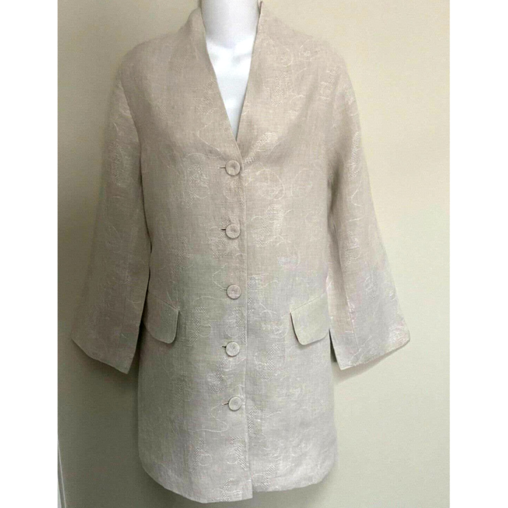 Eileen Fisher Lightweigh Linen Textured Long Jacket Blazer ~M~Stone beige